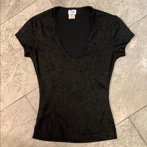 Booyah! Vintage 5-7-9 1990s Sweetheart V-Neck Metallic Black T Shirt low cut